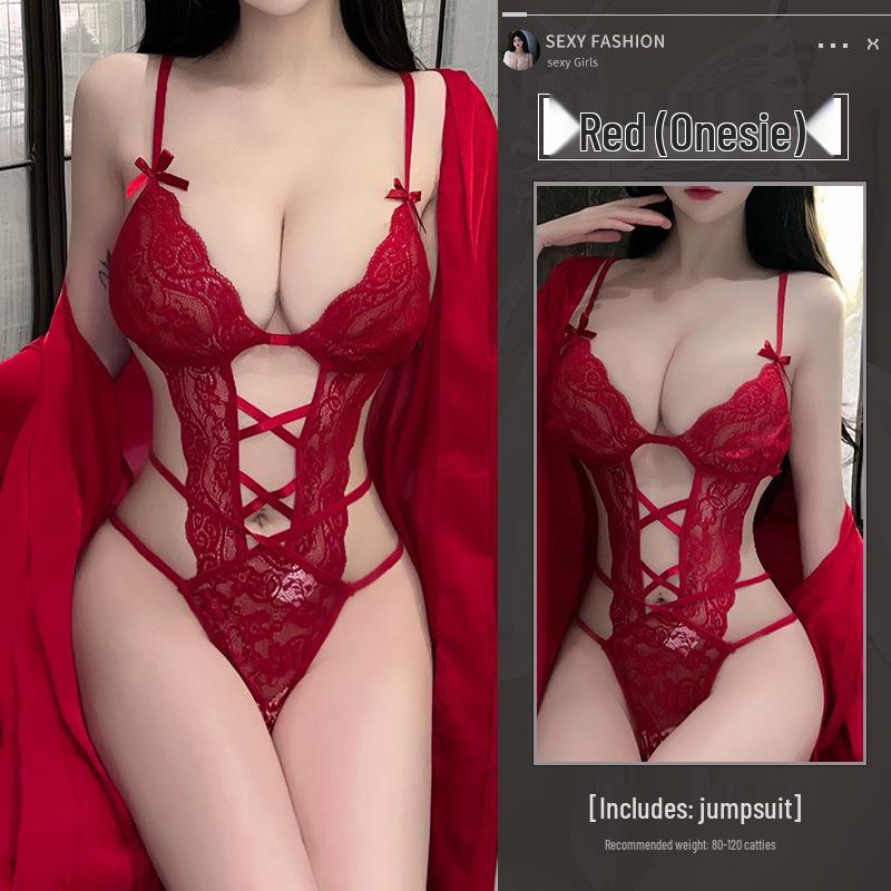 Seductive Lace Bodysuit & Nightgown Set: Tempting Hollow Design