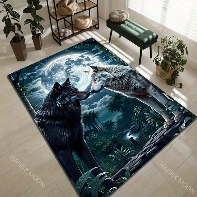 1PC Full Moon Forest Black Wolf White Wolf Carpet for Living Room Bedroom Sofa Home Decor Rus Non-slip Floor Mat Luxury Gift