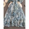 Summer 2024 Blue and White Porcelain Printed Puff Sleeves Vacation Beach Dress Square-Neck Cinched Classy Super Fairy Pettiskirt