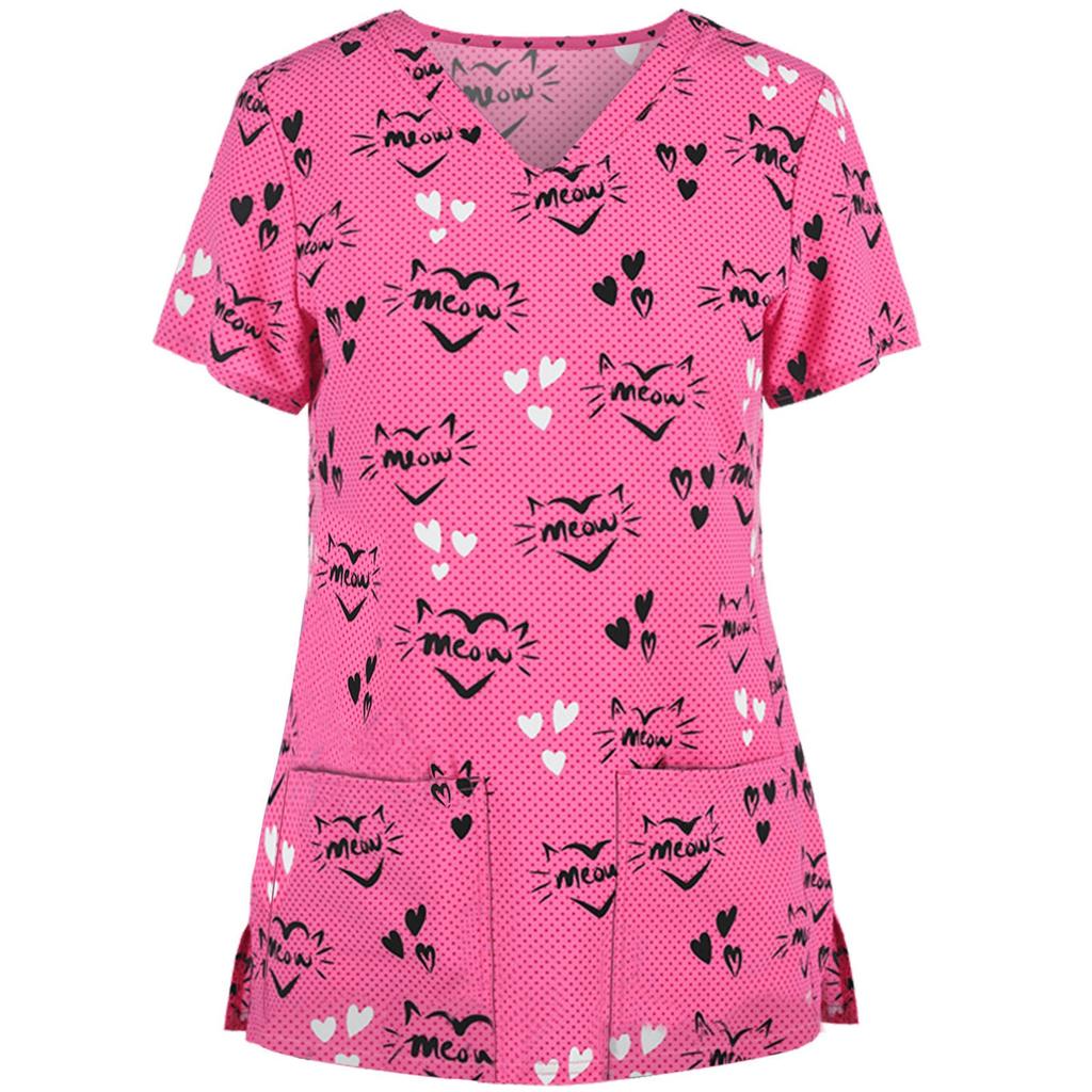 Women Printed Short Sleeve Nurse Scrub Top V Neck Medical Uniform Shirt with Pockets Comfortable Fit Workwear for Healthcare Professionals