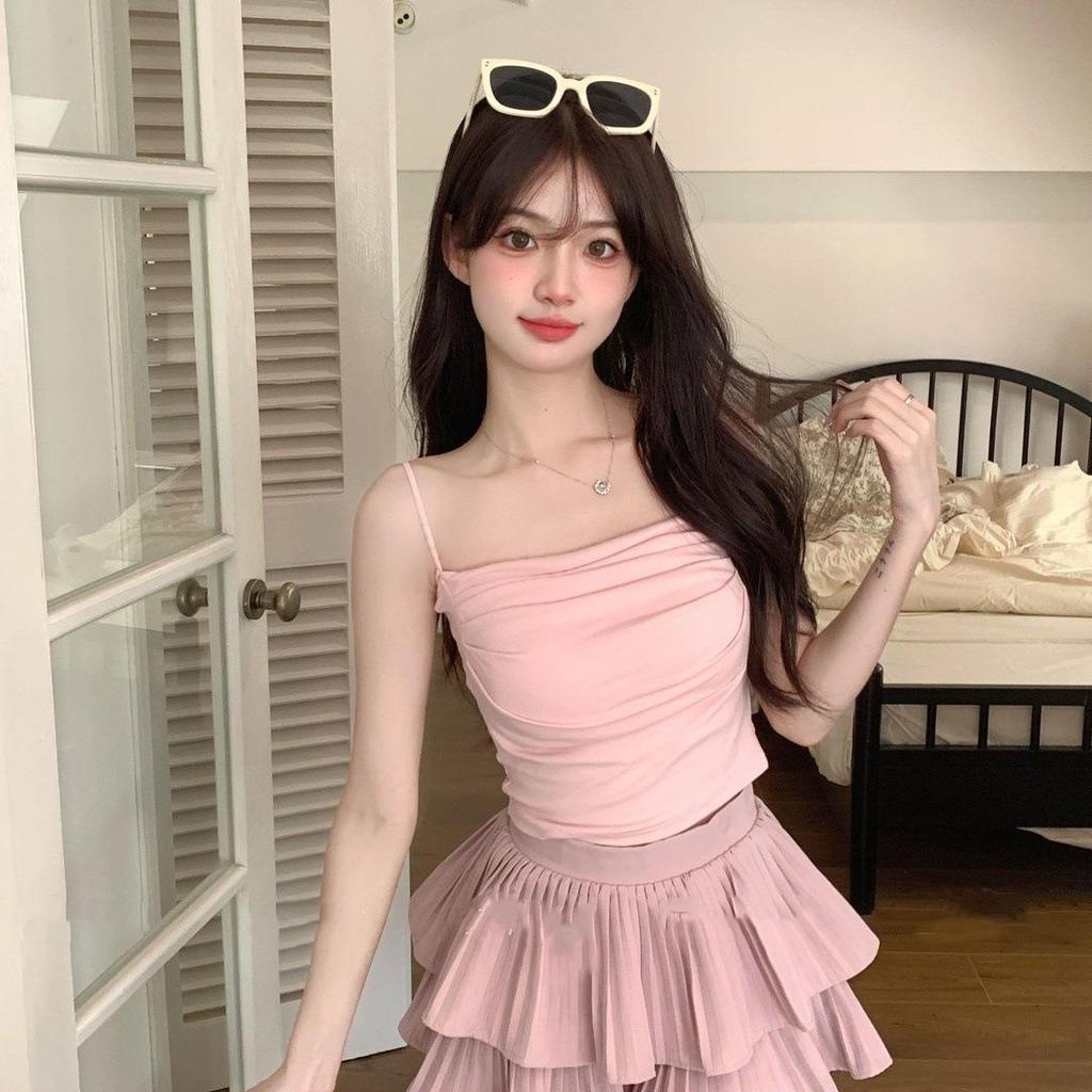 Top de Tirantes tipo Camisola Fruncido para Mujer, Puro y Sexy, con Almohadilla en el Pecho y Impresionante Diseño en la Espalda