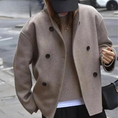Autumn Winter Women Casual Solid Woolen Coat Fashion Office Lady Loose Double Breasted Turtleneck Demi-season Jacket