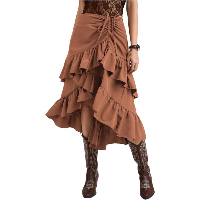 Women s Asymmetrical Ruffle Wrap Midi Skirts Western Cowgirl Skirts Flowy Drawstring High Low Skirts Ruched Tiered High Waisted Boho Skirts for Women S светло-коричневого