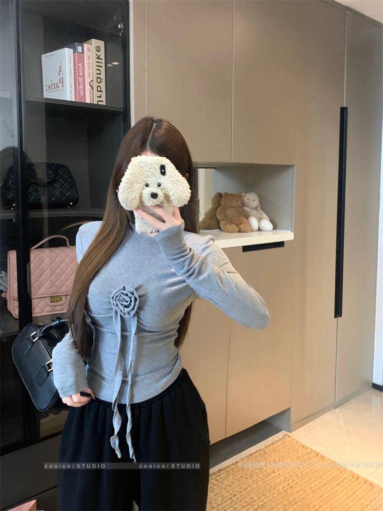 Sweet Style 3D Flower High Neck Long Sleeve Women's Slimming Top - Autumn/Winter