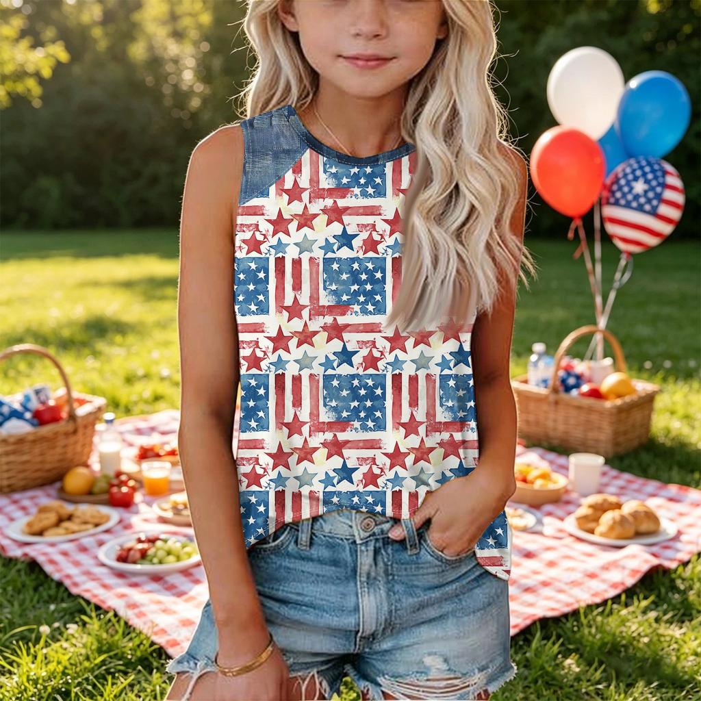 Sleeveless Loose Fit Tank Top Independence Day Star Print Denim Patch Round Neck T Shirt for Women Casual Summer Wear