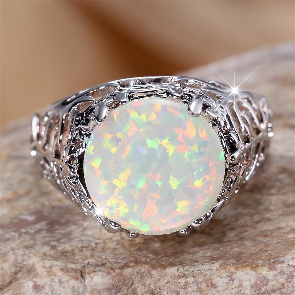White Fire Opal Big Round Stone Vintage Hollow Rings For Women Fashion Silver Color Engagement Bands  Christmas Gifts