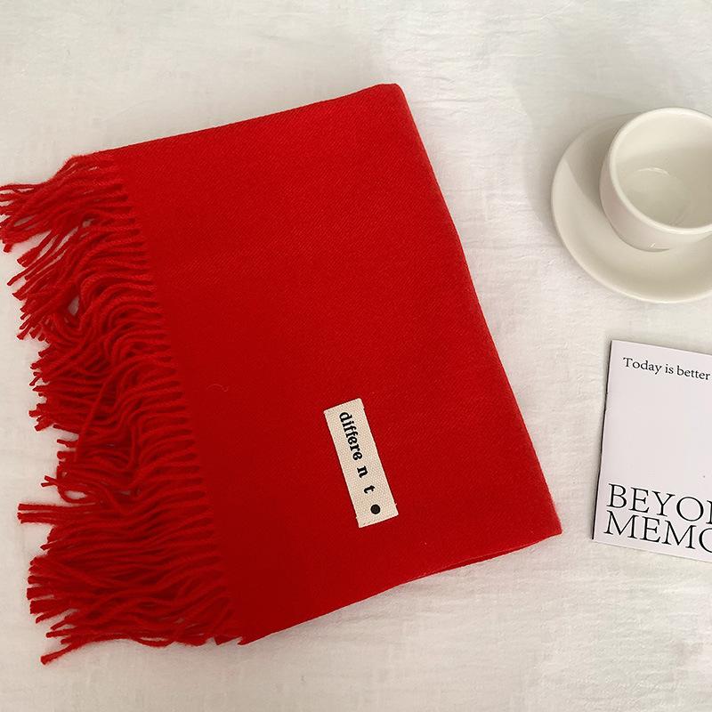 Flowing Fringe, Color-blocked, Simple Design, Faux Cashmere-like Scarf, Winter-thick, Cape-style, Student-friendly, Solid Color.