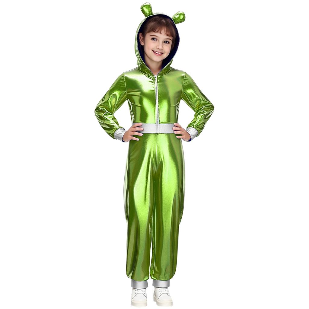 Mädchen Alien Halloween Kostüm Metallischer Glanz Kapuze Langarm Reißverschluss Vorne Jumpsuit Kostümparty Outfit
