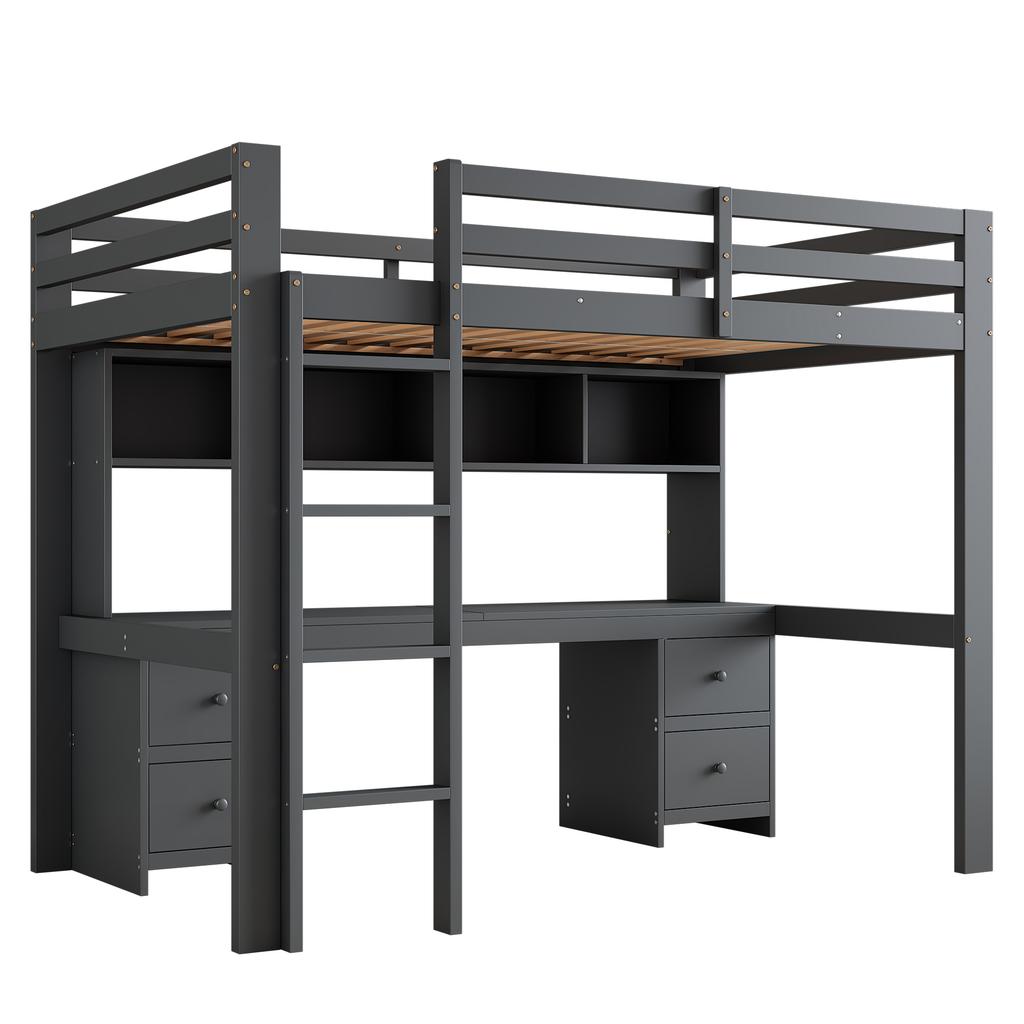 90*200Cm Loft Bed, Children's Beds, Bed On Top, Table Below, Large Storage Space, High Railing, Stable Stairs, Grey
