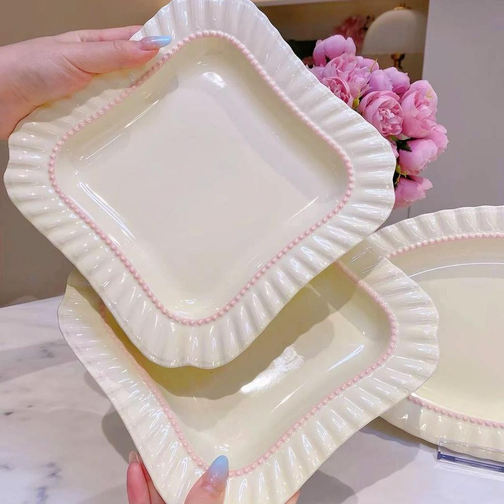 Cream Style Ceramic Square Plate, Straw Hat Plate, High-end Thickened and Heat-resistant Plate, High-value Vegetable Plate