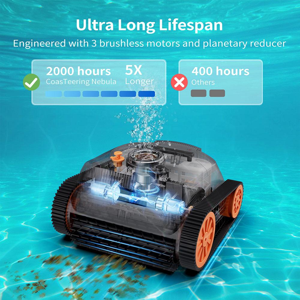 Bezdrátový robotický čistič bazénů CoasTeering Nebula, 180 minut provozu, lezení po stěnách a čištění vodní linie