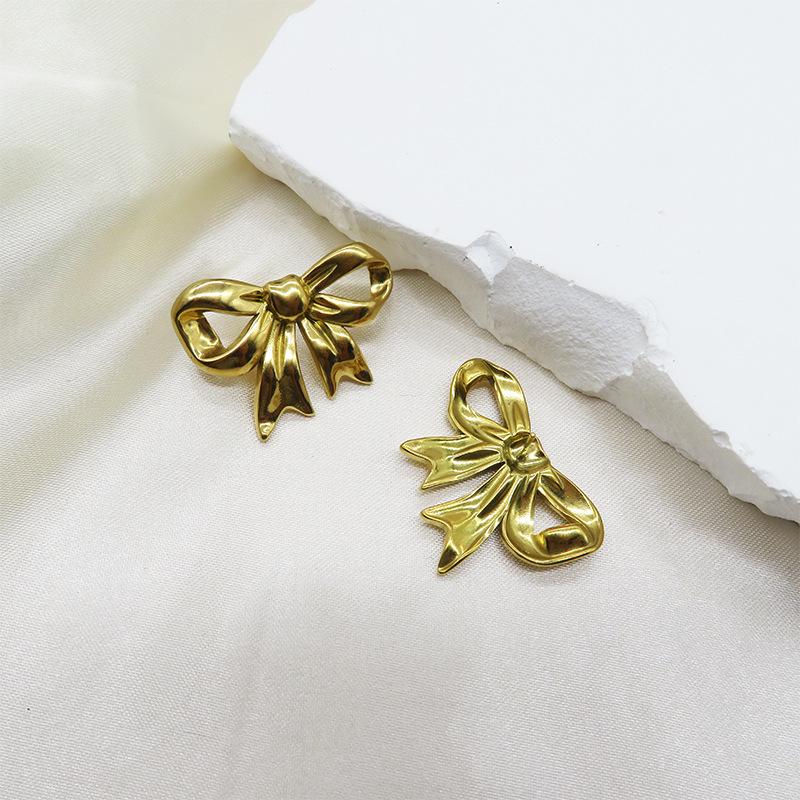 18k Gold Stainless Steel Bow Pendant Necklace with Earrings & Adjustable Ring Set