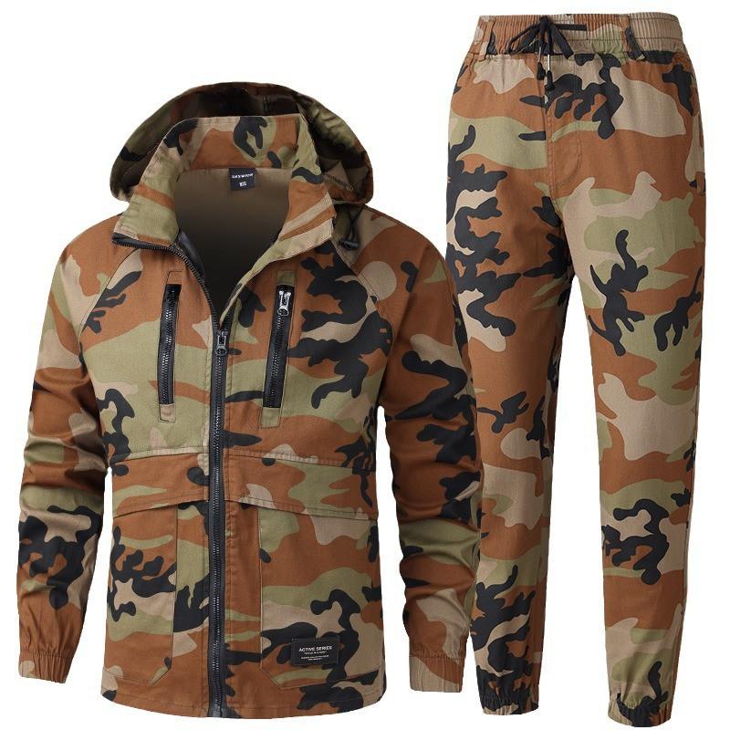 Mens Outdoor Hiking Suit With Raglan Sleeves Detachable Hood Large Pockets Zippered Leg Camo Workwear