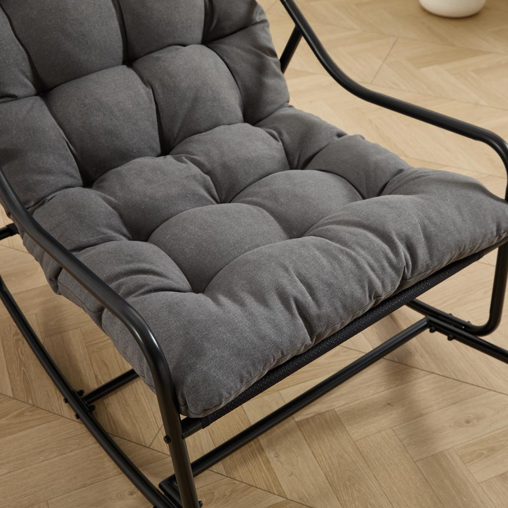 Outdoor Rocking Chair, Comfy Cushion, with Soft Thick Cushion,for Living Room, Bedroom, Reading Room, Black Frame with Grey Cushion