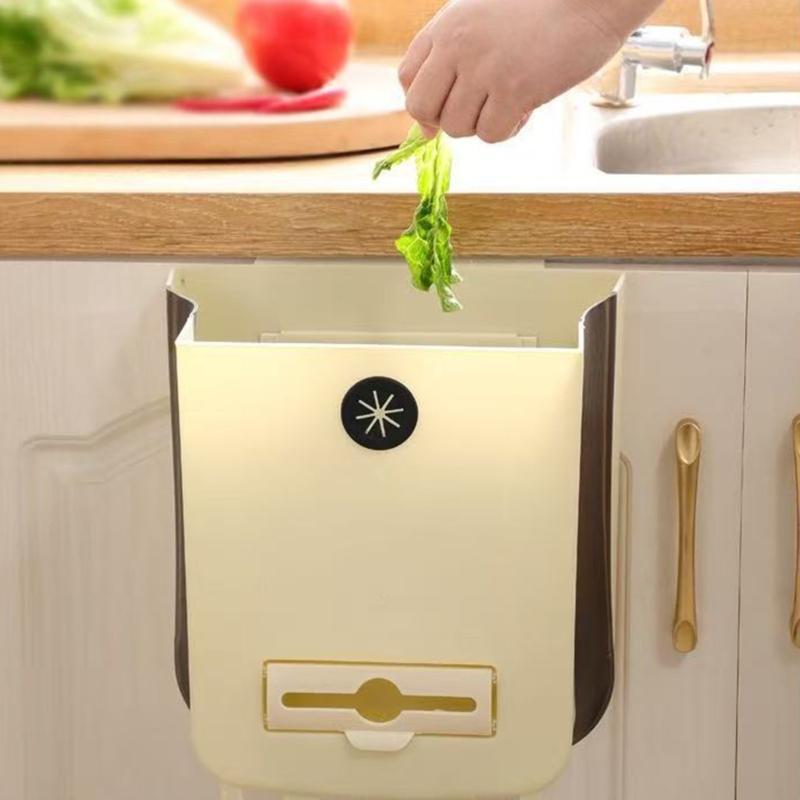 Wall-Hanging Folding Trash Container with Plastic Body for Kitchen Cleanup, Laundry Rooms, Dorms, and Office Use
