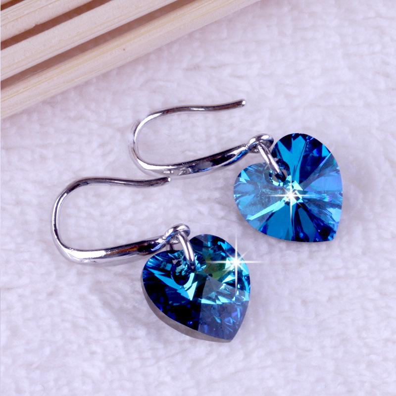 Korean Ocean Heart Blue Crystal S925 Silver Women's Earrings