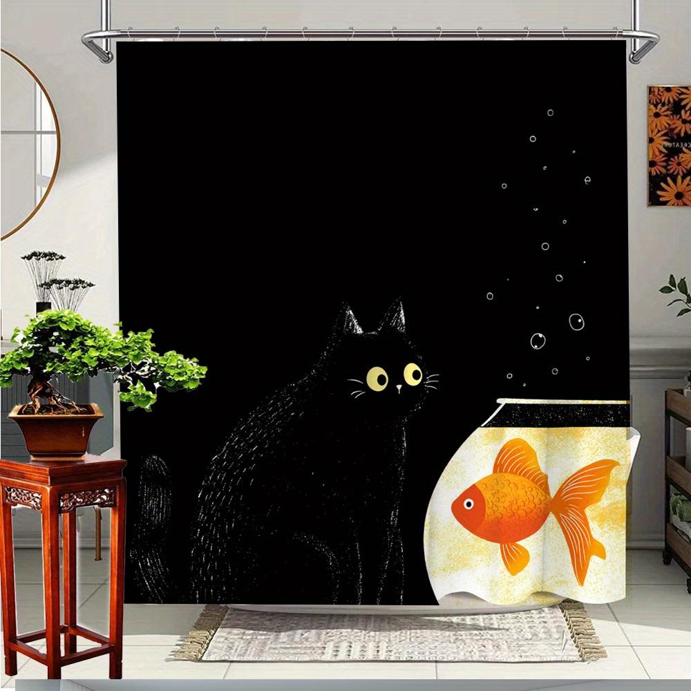 

1Pc Cute Black Cat & Golden Fish Shower Curtain - Whimsical Forest Theme Bathroom Decor With 12 Hooks, 70.8X70.8 Inch Durable W60H190(CM)-1 Pcs