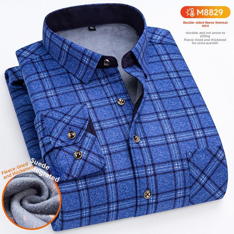 Plus Size Men's Thermal Shirt Men's Winter Fleece-Lined Thickened Checkered Long-Sleeved Shirt