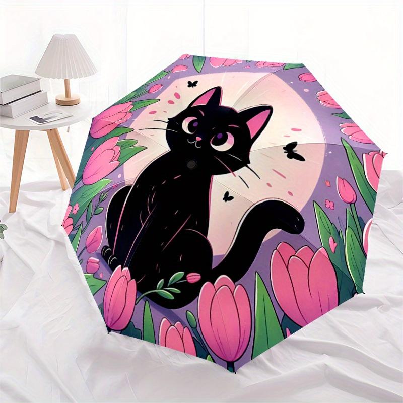 1pc Black Cat Automatic Open/close Folding Umbrella, Compact Portable Travel Umbrella, Perfect Birthday/Christmas, Cute Umbrella, Durable Co