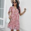 Women Summer Floral Chiffon Dress V Neck Short Sleeve Casual Spring Outfit