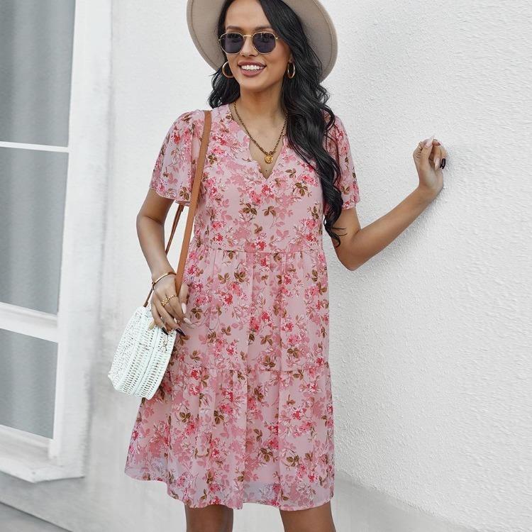 Women Summer Floral Chiffon Dress V Neck Short Sleeve Casual Spring Outfit