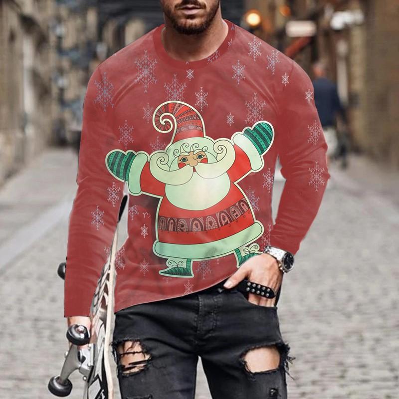 Round Neck 3D Christmas Printed Top Casual Long Sleeved Men's T-shirts - Soft Medium Stretch Polyester Fabric Spring and Autumn Relaxed Fit Clothing