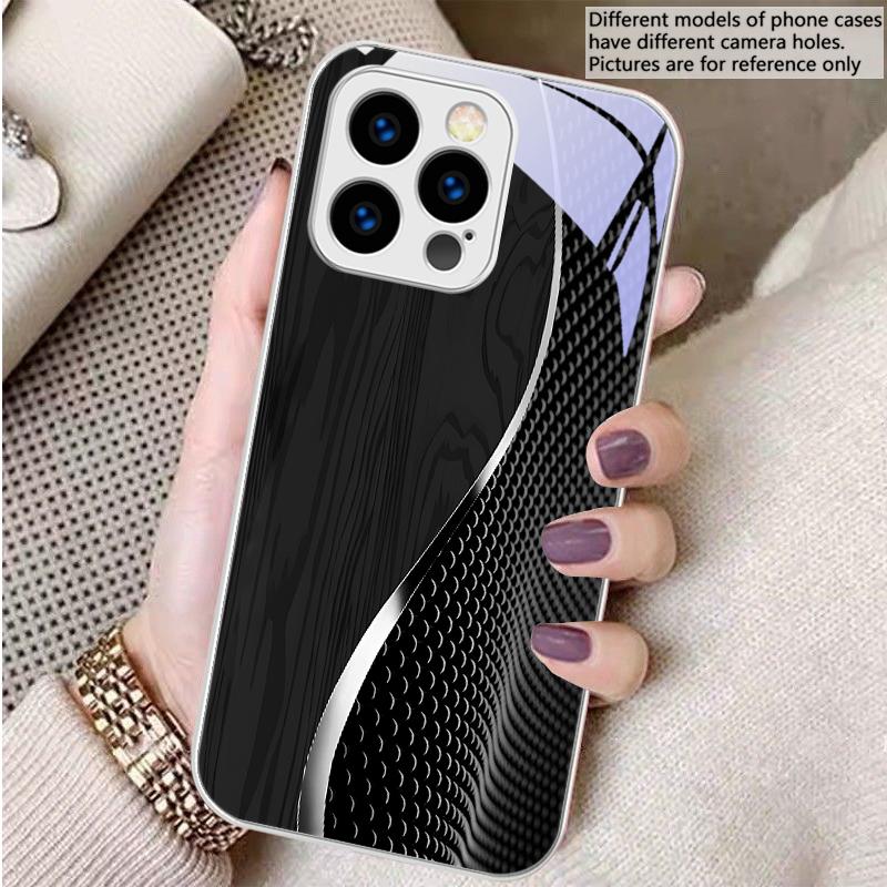 Wood Grain Mesh Black For iPhone 16 E 15 14 13 Plus 12 Mini 11 Pro Max XR Xs X 7 8 P Lus 6 6S 22 16E Tempered Glass Phone Case