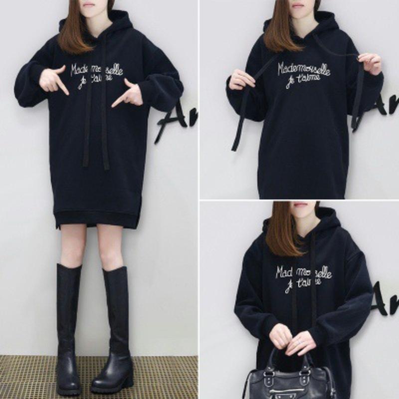 Updated Autumn and Winter Relaxed Fit Plush Sweatshirt for Women Pullover Mid-length Embroidered Letter Sweatshirt for Women