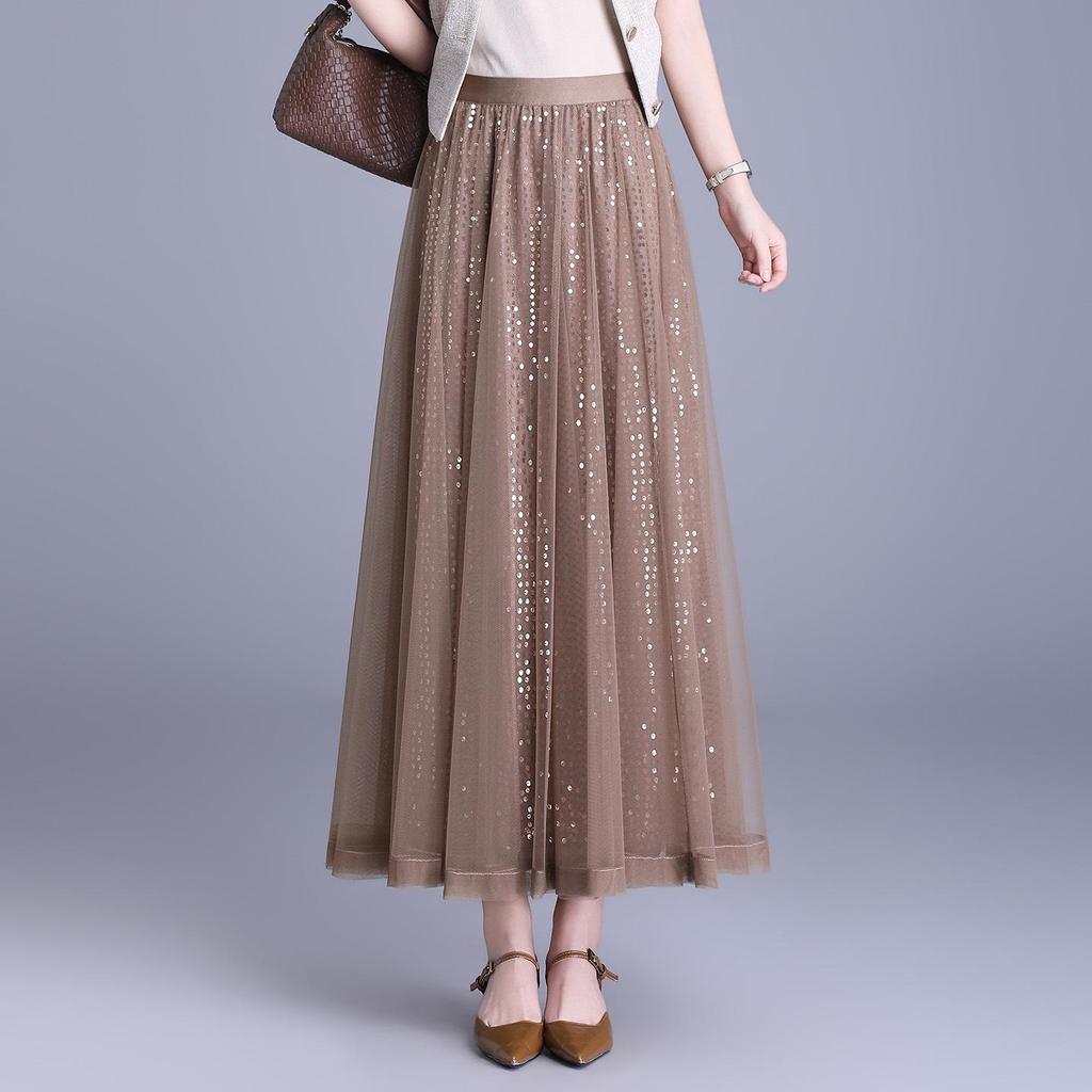 Spring 2026 Sequin Mesh A-line Midi Skirt - Slimming, Drapey, Fashionable, Casual Wear