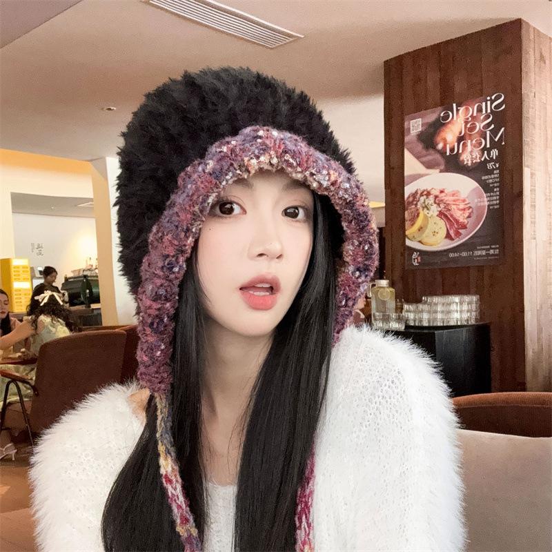 

Fashion Knitted Warm Hat Ladies Winter Wind Cold Colored Plush Thread Ear Cap Cycling Cover Cold and warm and elastic