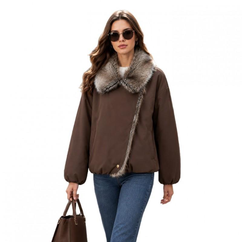 Womens Faux Fur Coat Short Puffer Jacket With Oversized Collar Warm Winter Outerwear Daily Wear