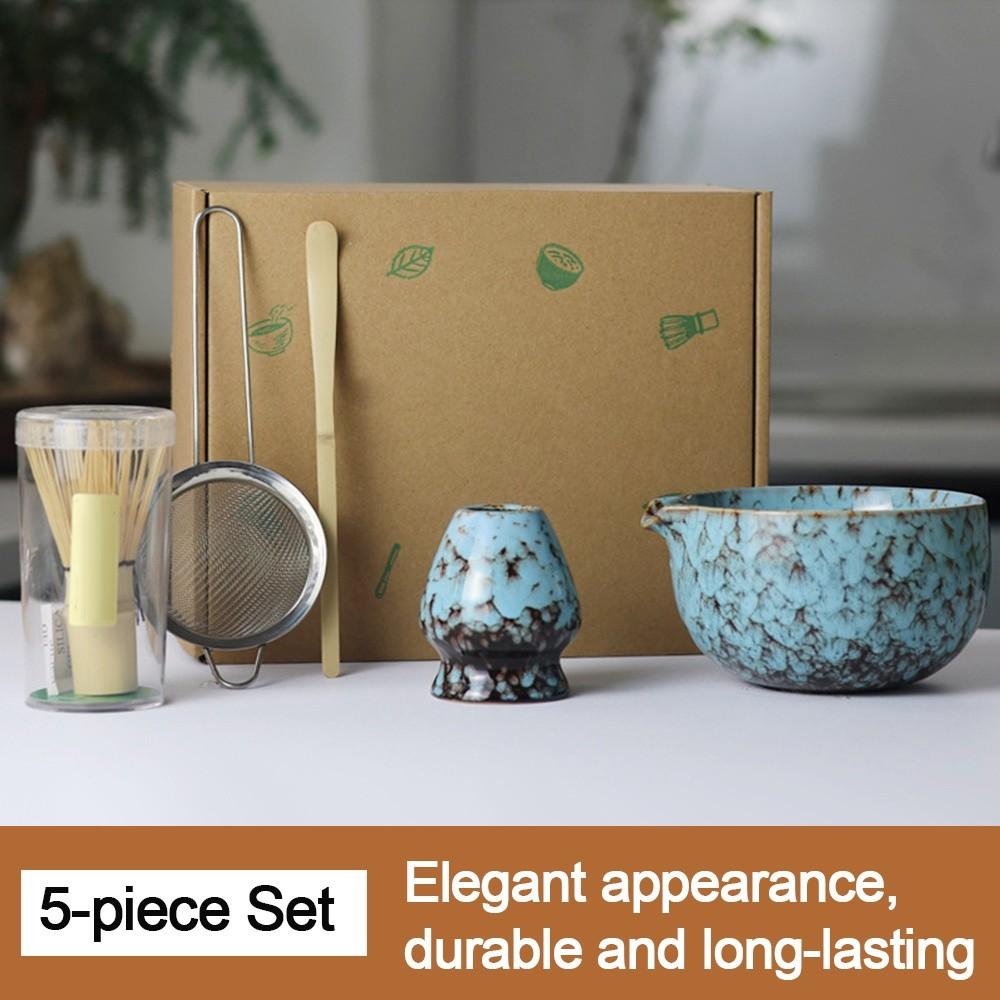 5PCS New Ceramic Bamboo Japanese Matcha Tea Set Matcha Bowl Matcha Whisk Holder Matcha Making Kit Reusable Matcha Whisk Set
