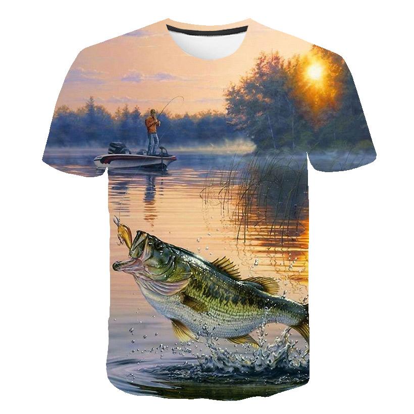 Sommar Rundhalsad 3D Roligt Fiskmönster Tryckt Topp Trendig och Avslappnad Lös Kortärmad Herr T-shirts