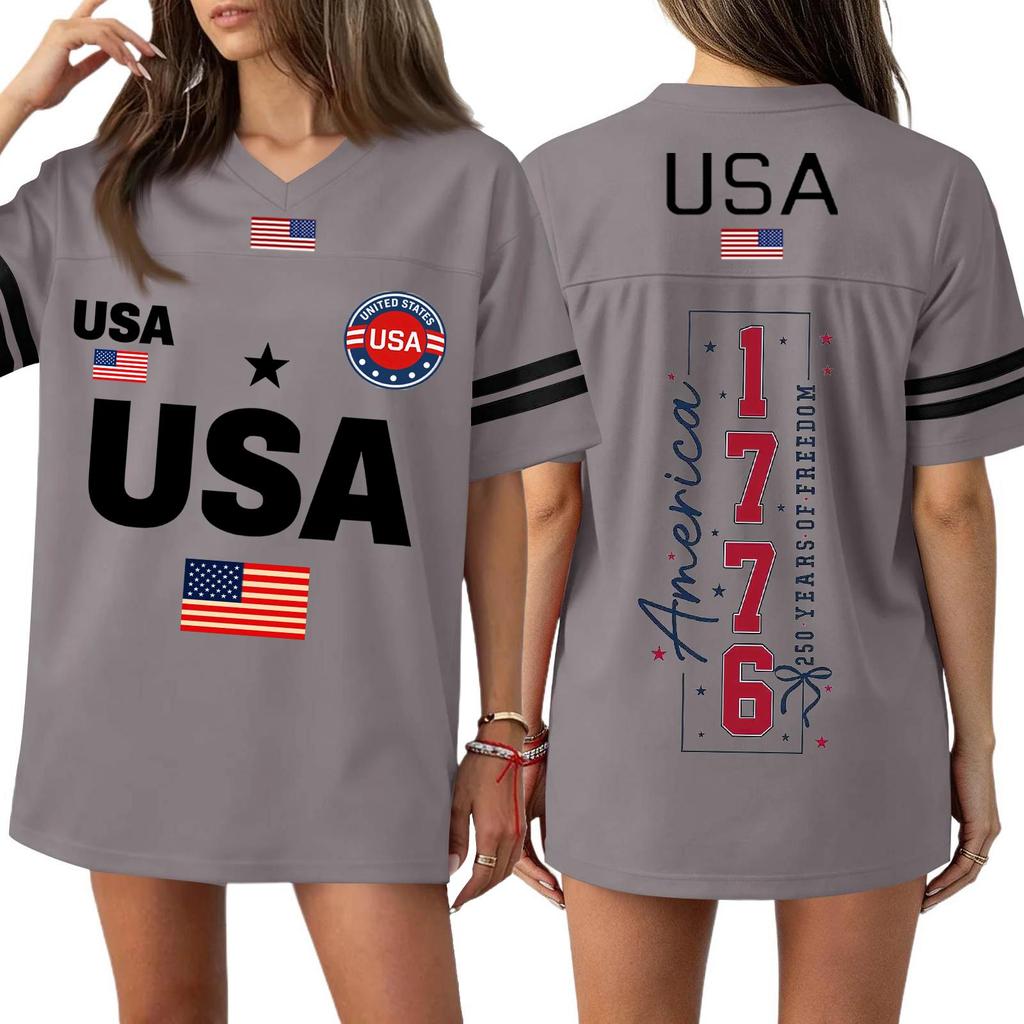 Damen Kurzarm Locker Geschnittenes T-Shirt Kleid USA Buchstaben Druck 1776 Grafik Lässiges Oberteil Bequemes Weiches Material Rundhalsausschnitt