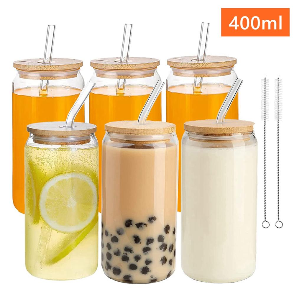 6pcs Glass Straw Cup Glasses Cup with Straws and Bamboo Lids Drinking Glasses for Coffee Beer Cocktail Wine Soda Coke Glass Cup