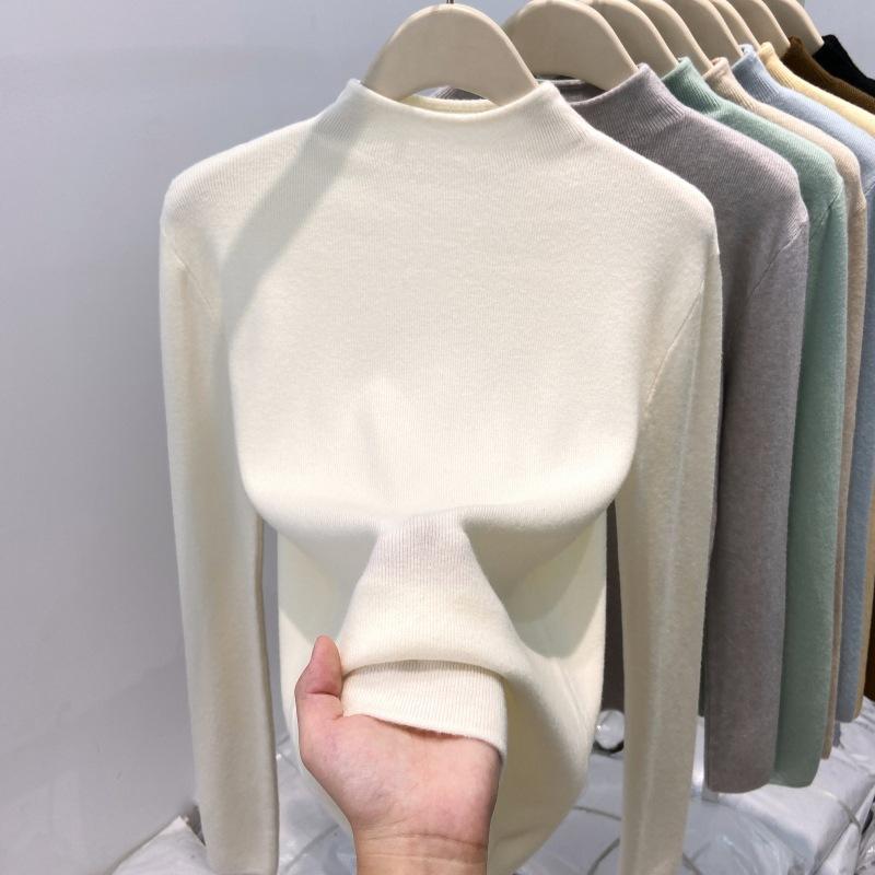 Thickened warm integrated fleece semi-turtleneck knitted sweater women's spring soft waxy inner bottoming shirt solid color top