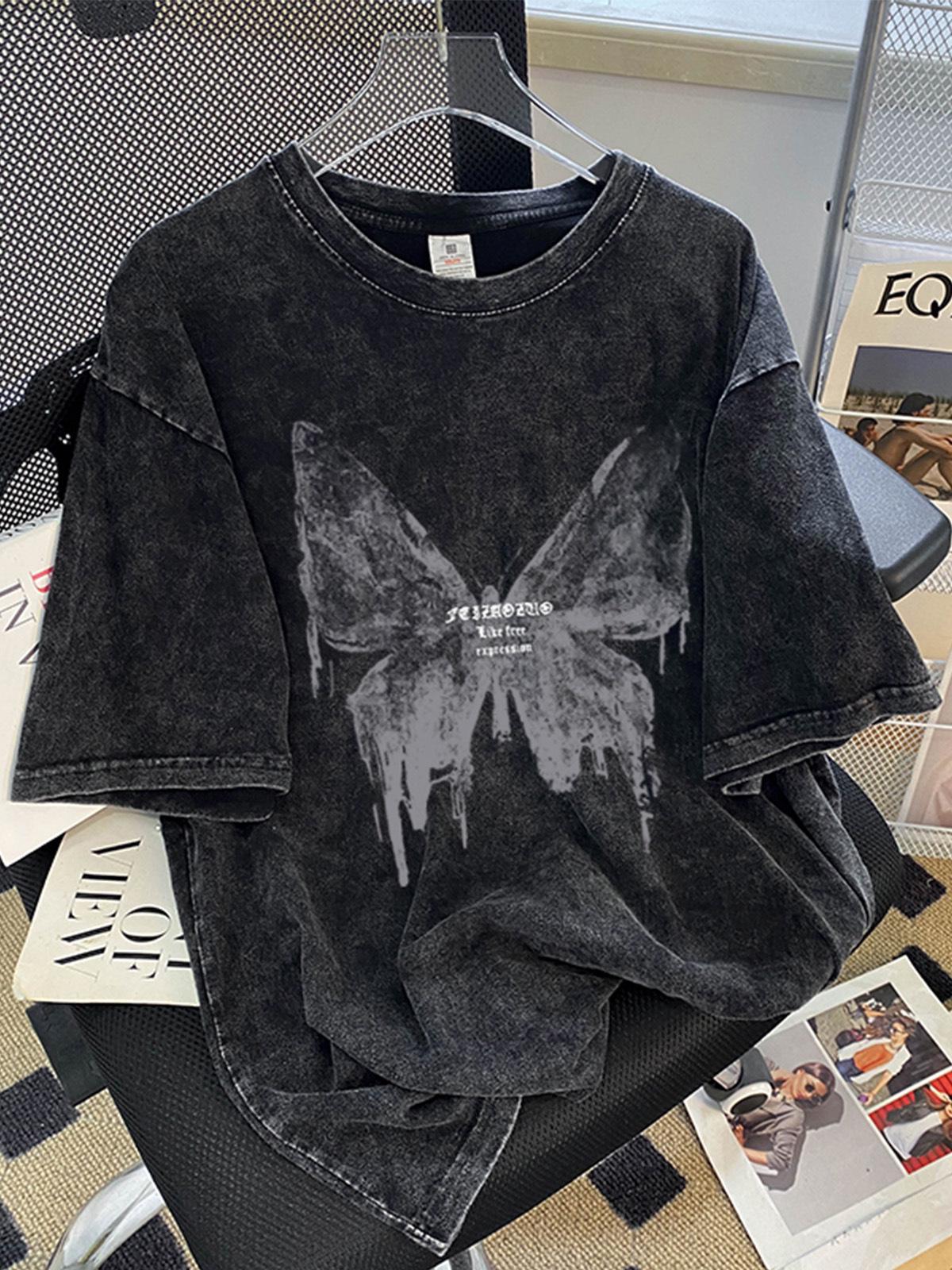 

2024 Женская хлопковая футболка большого размера с эффектом потертости, свободного кроя - Модная летняя футболка с коротким рукавом 2XL