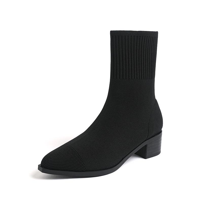 Waterproof Flyknit Mid-Calf Sock Boots with Pointed Toe & Platform - Japanese Style Fashion