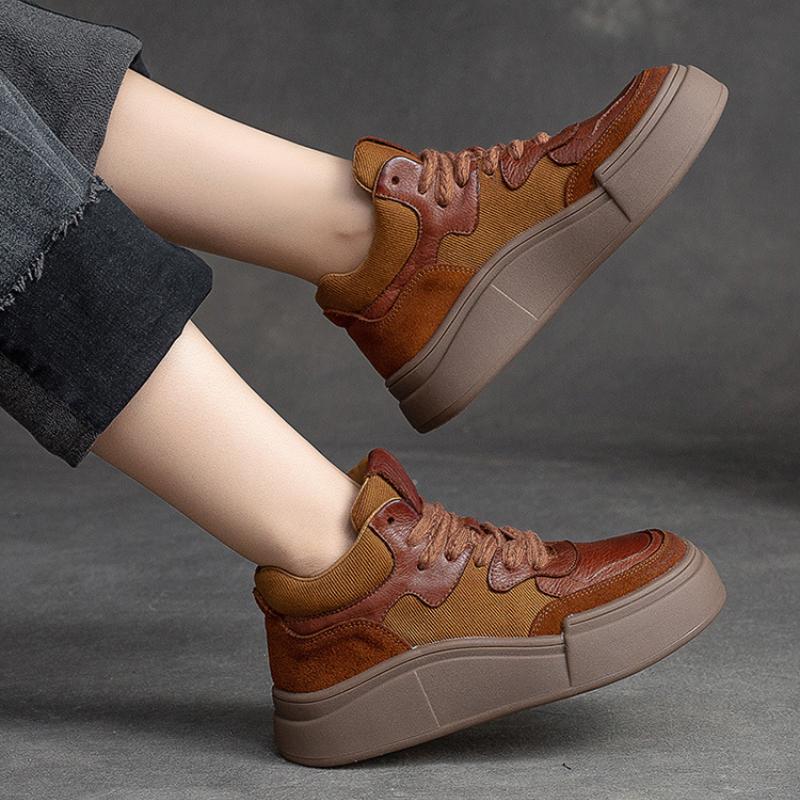 Johnature Chaussures plates décontractées à lacets en cuir véritable à semelles épaisses et bout rond pour femmes, chaussures à plateforme polyvalentes