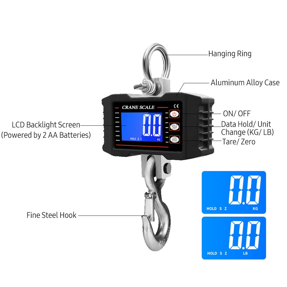 Digital Hanging Scale with Remote Control 1000kg/ 2204lbs Portable Hvy Duty Crane Scale LCD Backlight Industrial Hook Scales Unit Change/ Data Hold/ T