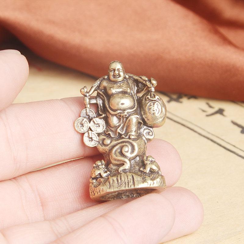 Vintage Pure Brass Wealth Arhat Desktop Ornament Maitreya Buddha Holding Gold Coins Lucky Bag Creative Decoration Old Copperware