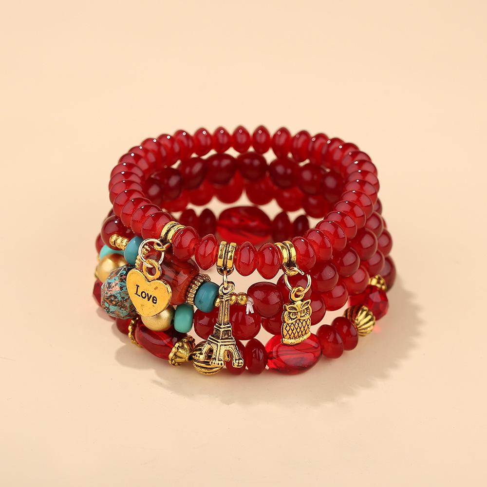 Bohemian Ethnic Multi-layer Bracelet with Owl, Heart & Eiffel Tower Pendants