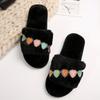 Fashion Heart Embroidery Cotton Slippers Women Black Slip On Light House Cotton Slippers Woman Soft Faux Fur Flat Heel Fur Slides Female
