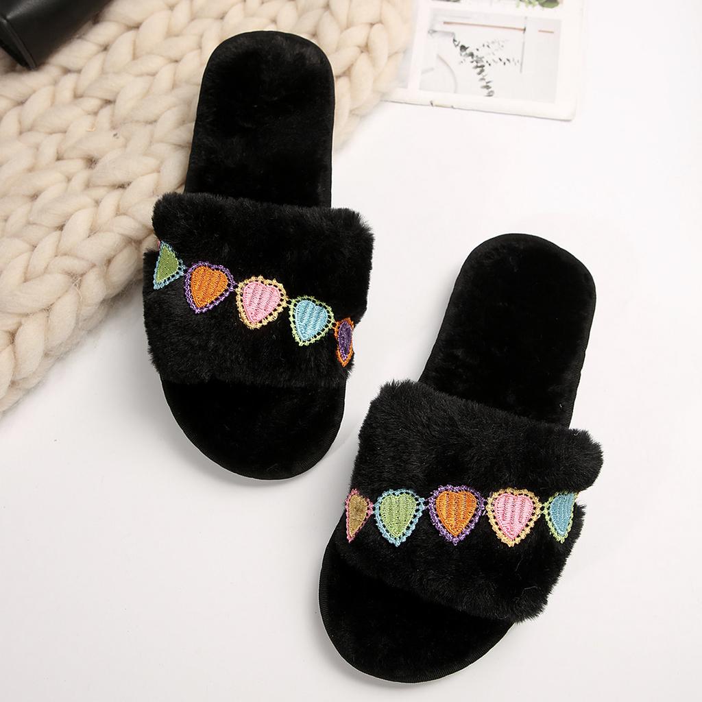 Fashion Heart Embroidery Cotton Slippers Women Black Slip On Light House Cotton Slippers Woman Soft Faux Fur Flat Heel Fur Slides Female