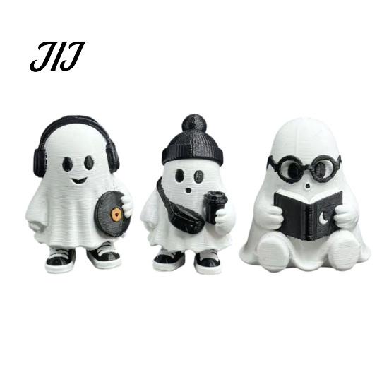 Spooky Cute Room Decor Halloween Ghost Figurine, Holding Coffee/Book/Record Resin Statue, Desktop Ornaments for Tabletop Ornament Home Office