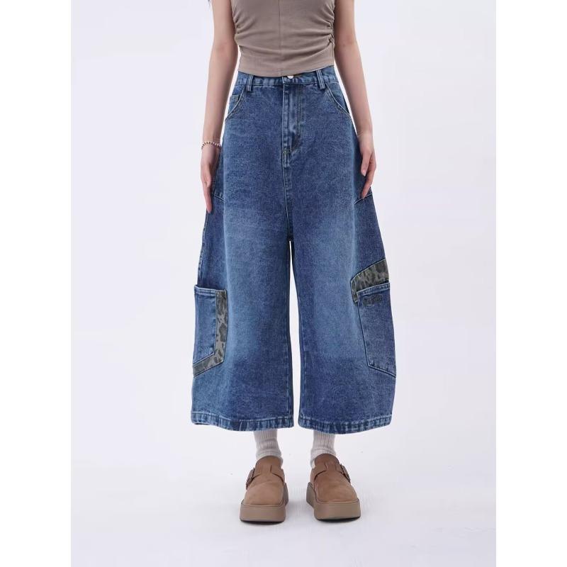 Vintage Leopard Print Splicing Pocket Scimitar Jeans Men's and Women's Trend Hip-hop Loose Wide-leg Tooling Cropped Pants