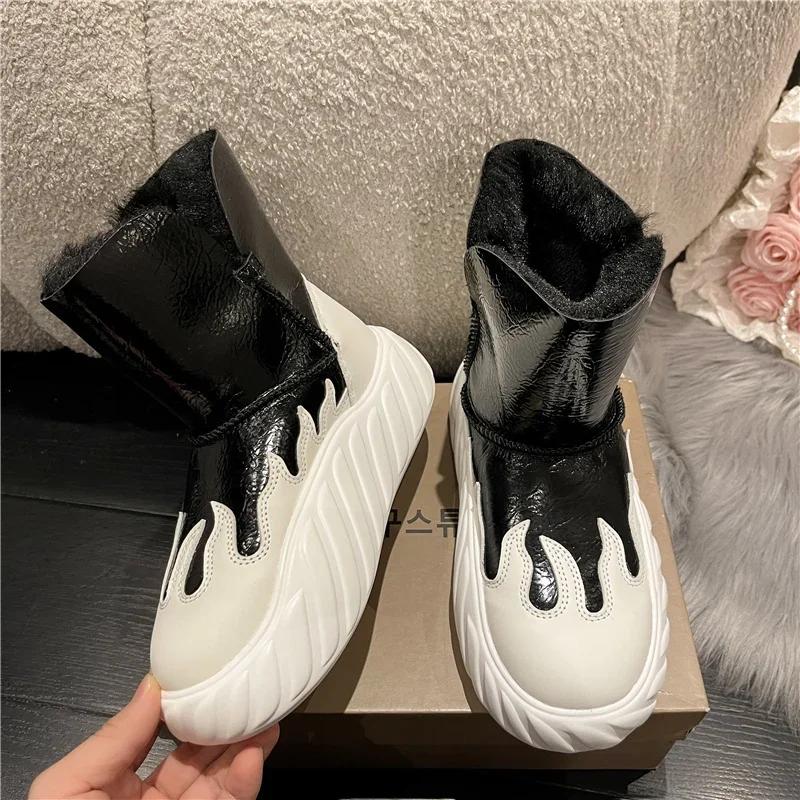 Fashion Snow Boots Women Winter Warm Spliced Platform Ankle Boots Fashion Non-slip Round Toe Plush Thickening Slip On Cotton Shoes
