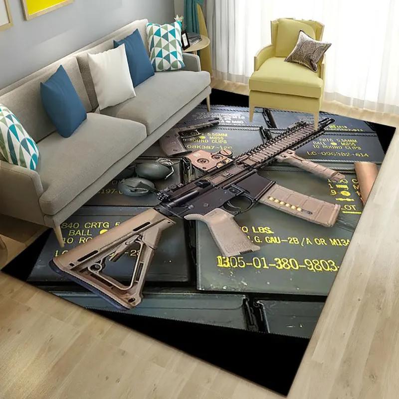 3D Assault Rifle Pistol Revolver Pattern Area Rug, Suitable for Kids' Play Area Anti-Slip Mat, Living Room Sofa Decorative Mat