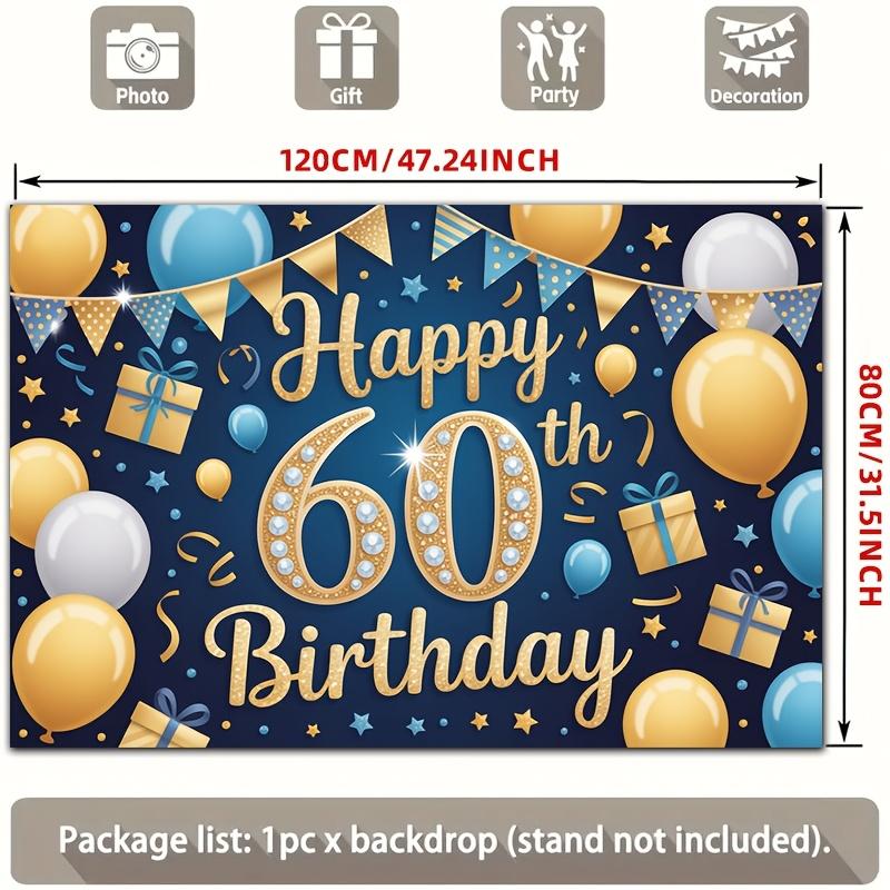 2D planar style, [Party Background] 2D planar banner, 1 piece of 60th birthday blue gold diamond balloon gift polyesterDJH