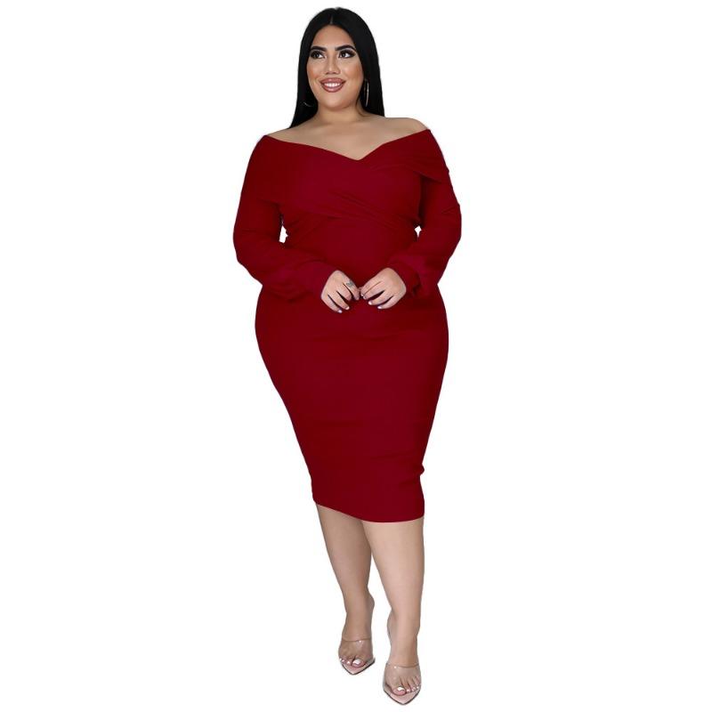 

Plus Size Burgundy Off Shoulder Cross V Neck Long Sleeve Ruched Bodycon Midi Dress L бордовый
